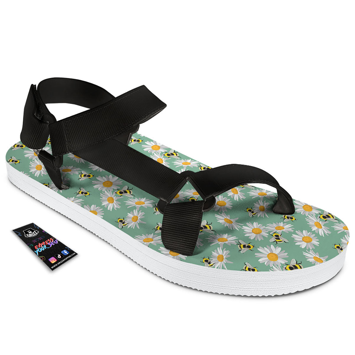 Bee Flower Print Pattern Black Open Toe Sandals-grizzshop