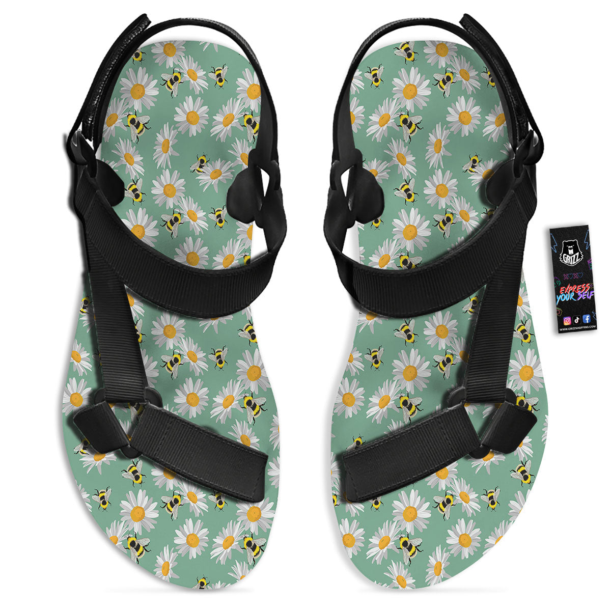 Bee Flower Print Pattern Black Open Toe Sandals-grizzshop