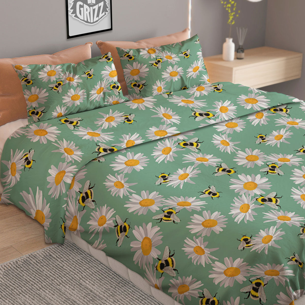 Bee Flower Print Pattern Duvet Cover Bedding Set