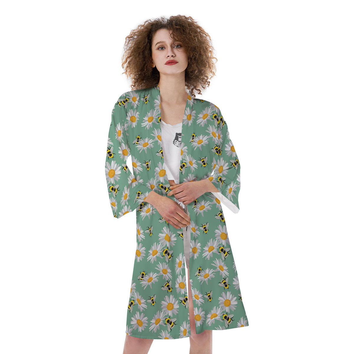 Bee Flower Print Pattern Kimono-grizzshop