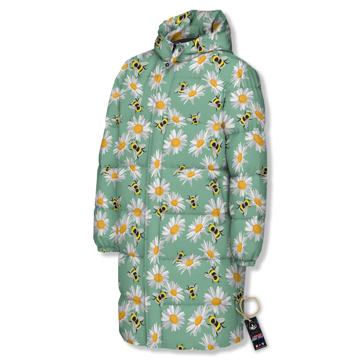 Bee Flower Print Pattern Long Down Jacket-grizzshop