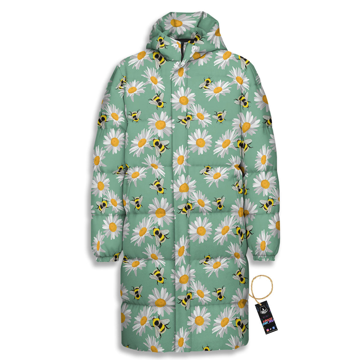 Bee Flower Print Pattern Long Down Jacket-grizzshop