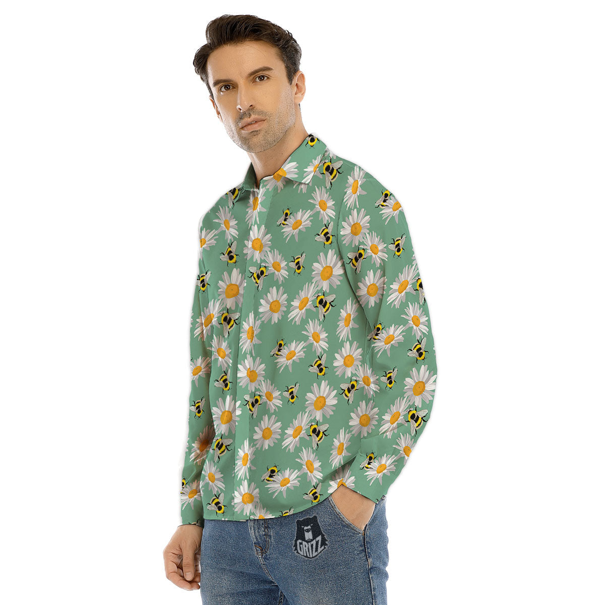 Bee Flower Print Pattern Men's Dress Shirts-grizzshop