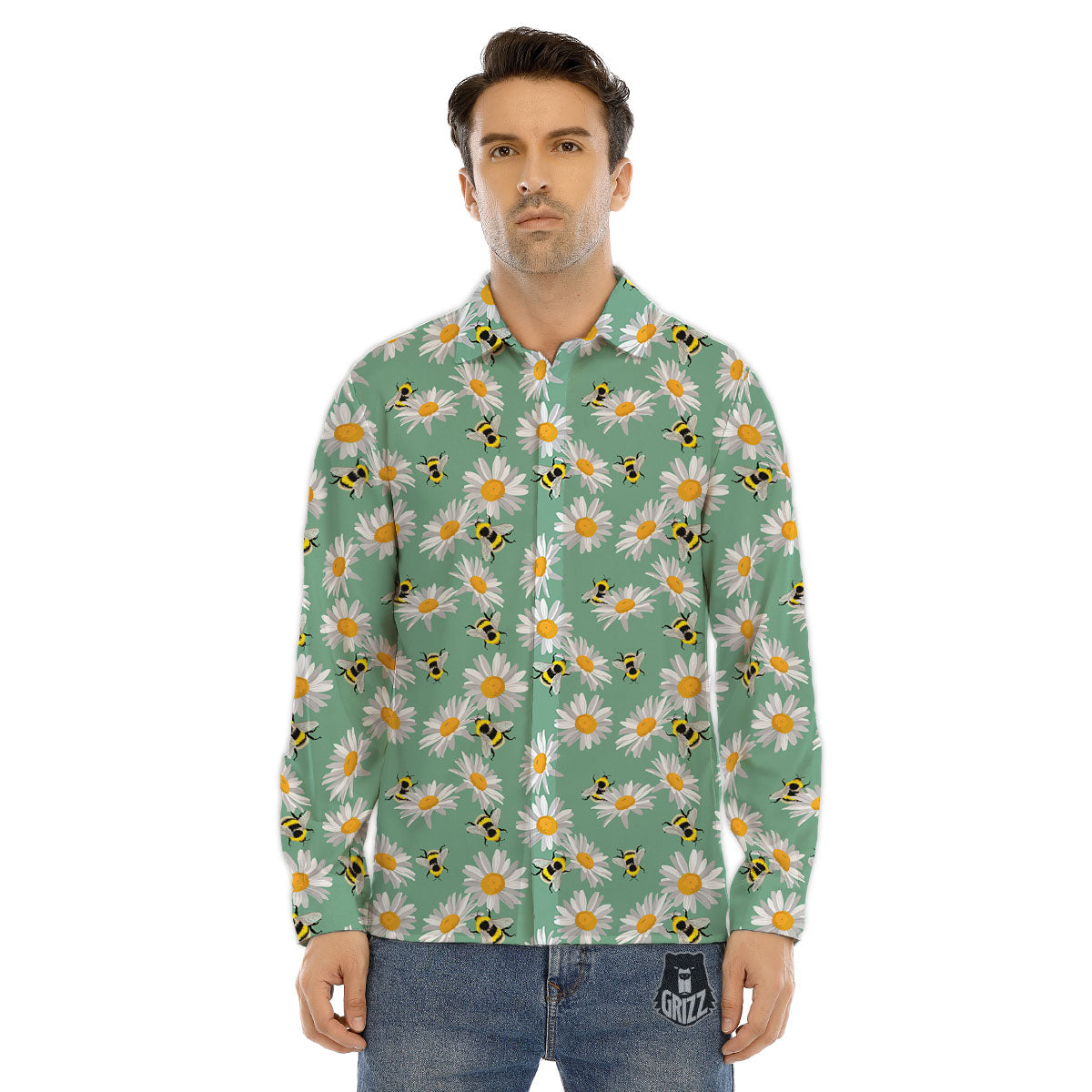 Bee Flower Print Pattern Men's Dress Shirts-grizzshop