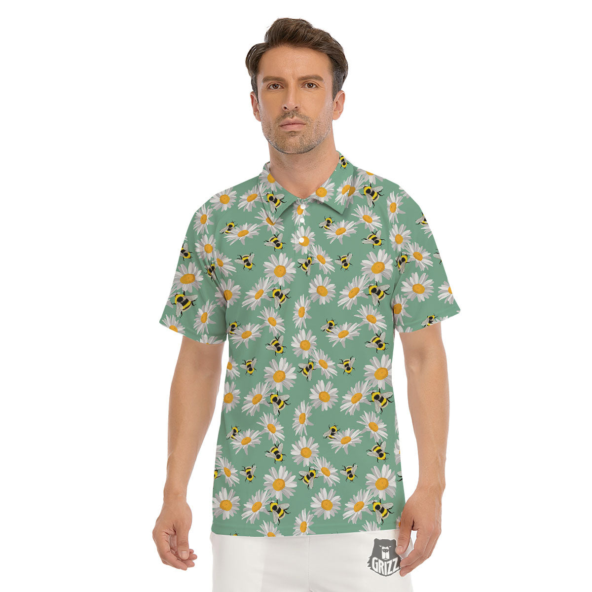 Bee Flower Print Pattern Men's Golf Shirts-grizzshop