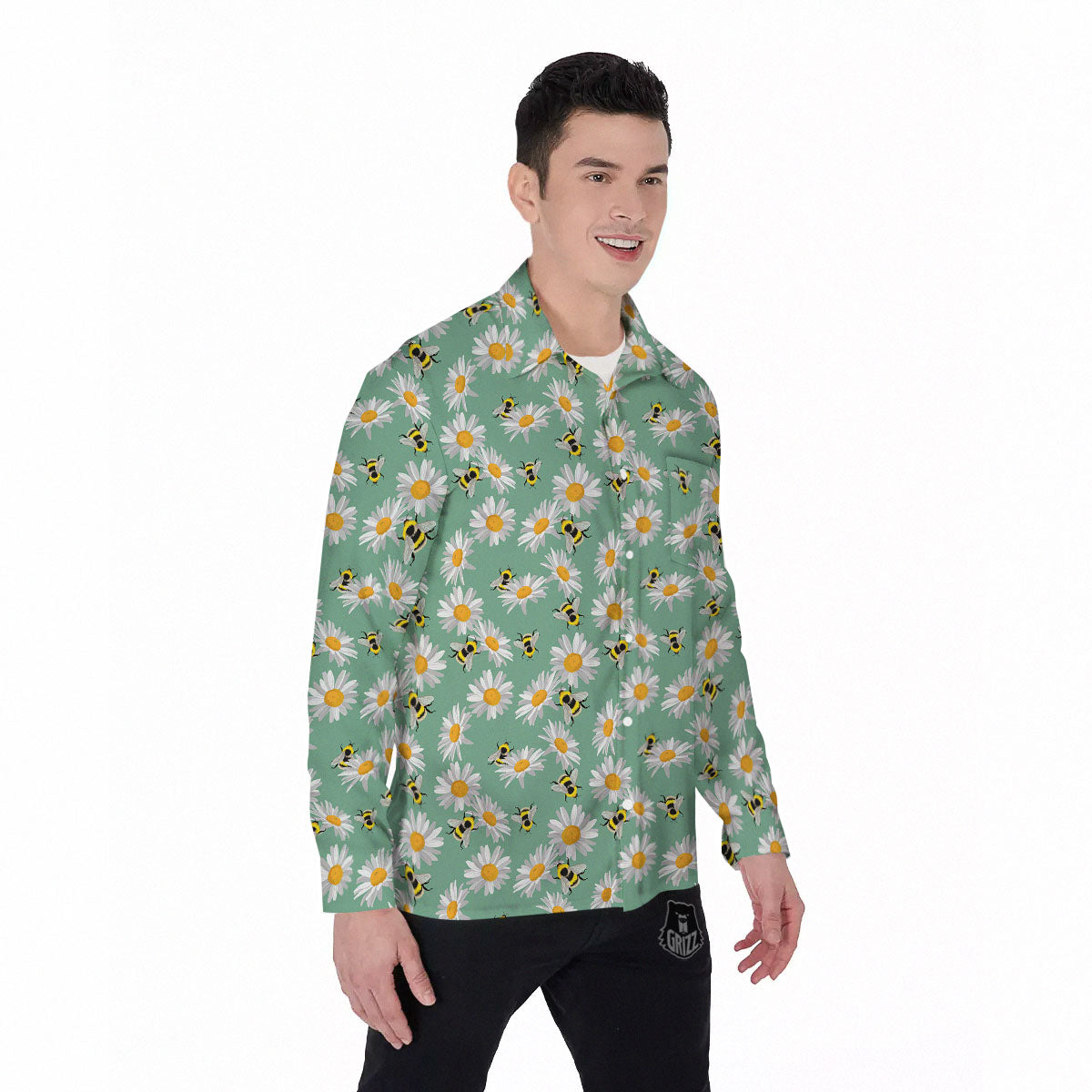Bee Flower Print Pattern Men's Long Sleeve Shirts-grizzshop