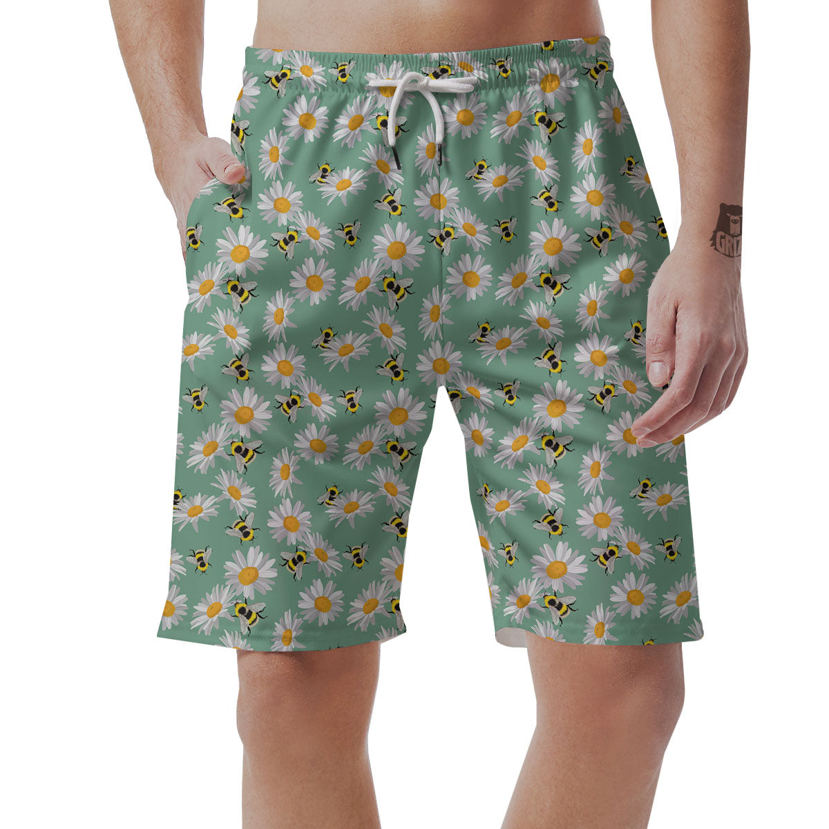 Bee Flower Print Pattern Men's Shorts-grizzshop