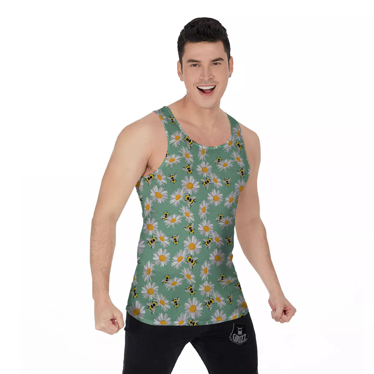 Bee Flower Print Pattern Men's Tank Top-grizzshop