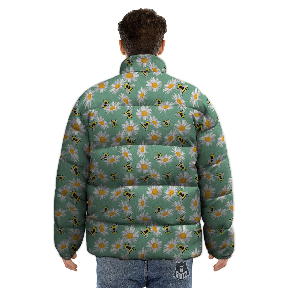 Bee Flower Print Pattern Puffer Jacket-grizzshop