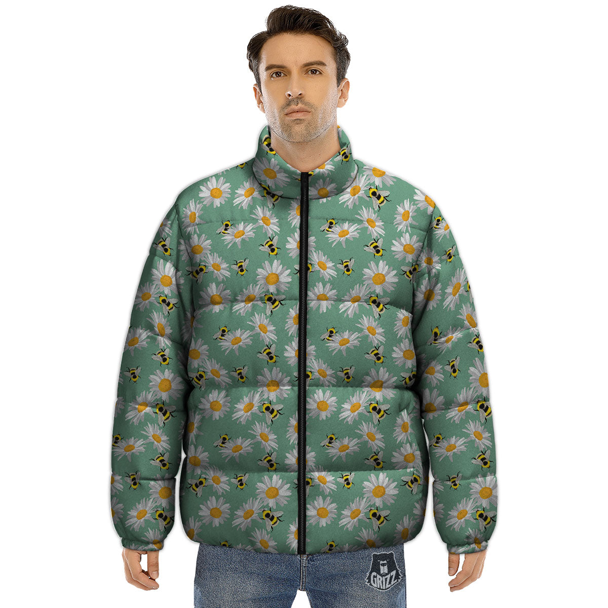 Bee Flower Print Pattern Puffer Jacket-grizzshop