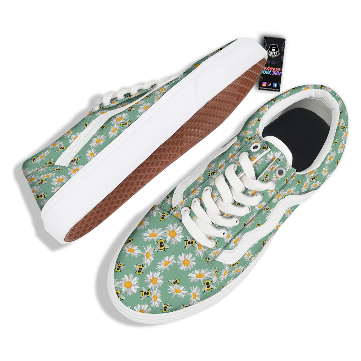Bee Flower Print Pattern Skate Shoes-grizzshop
