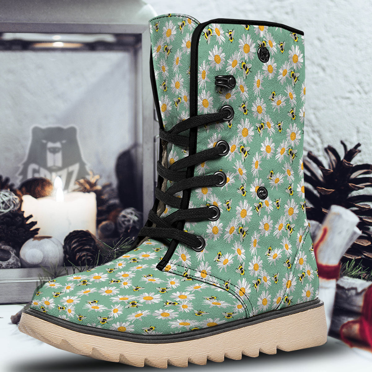 Bee Flower Print Pattern Snow Boots-grizzshop