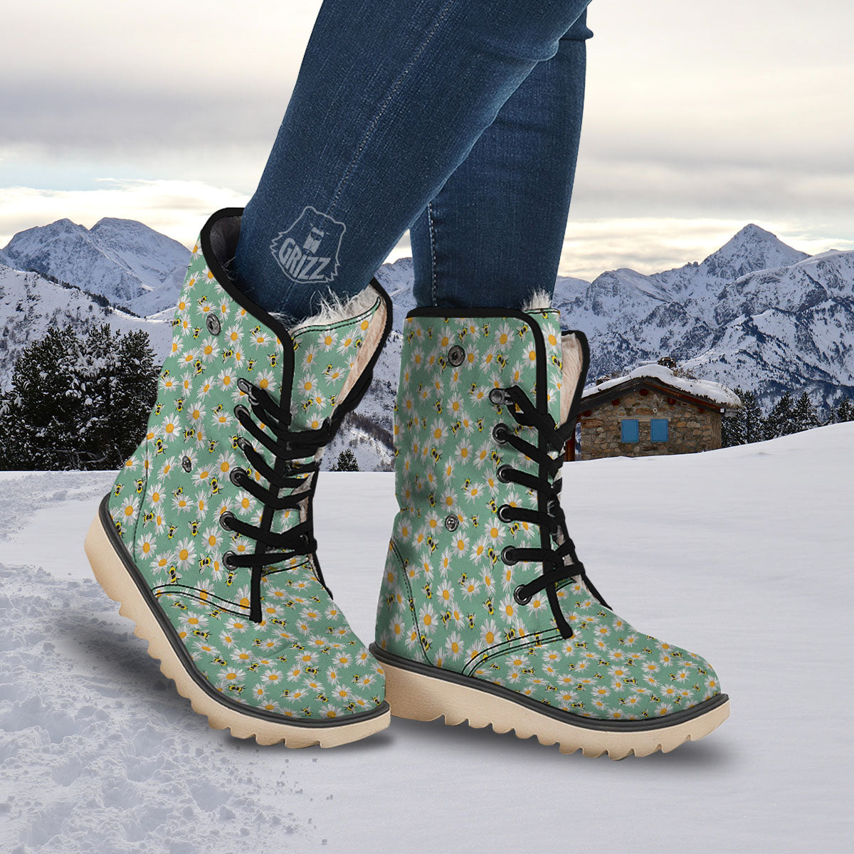 Bee Flower Print Pattern Snow Boots-grizzshop