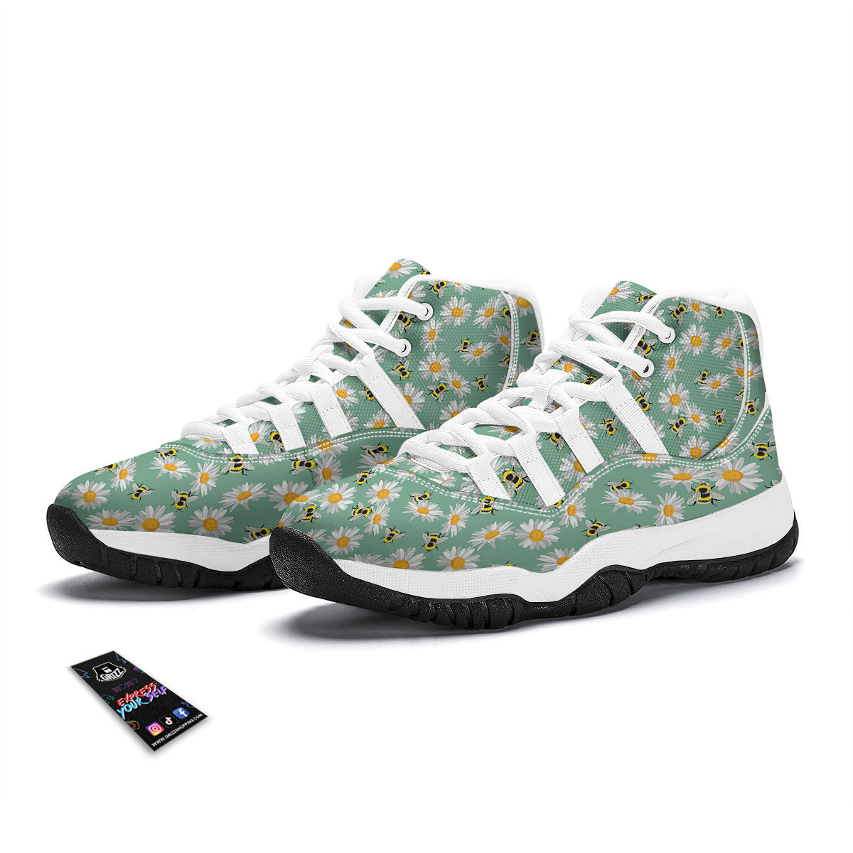 Bee Flower Print Pattern White Bball Shoes-grizzshop