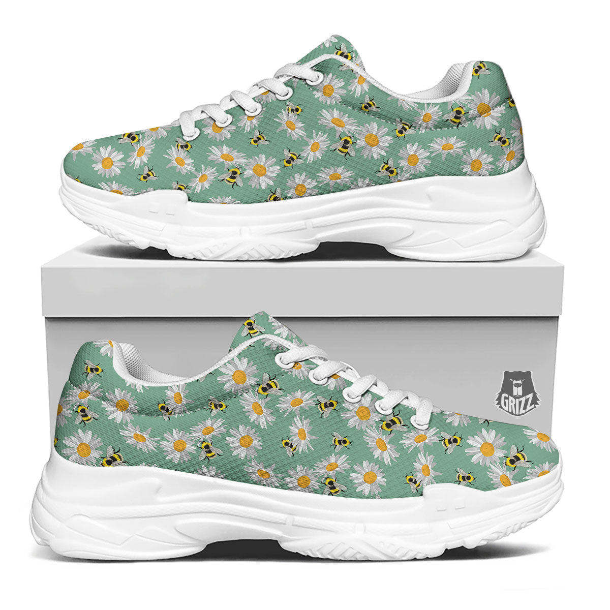 Bee Flower Print Pattern White Chunky Shoes-grizzshop