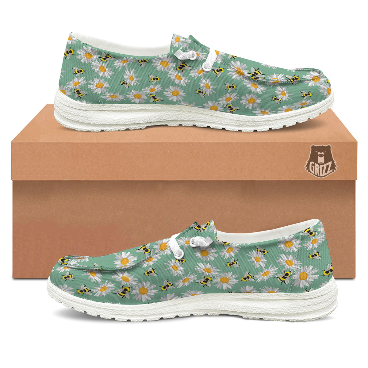 Bee Flower Print Pattern White Loafers-grizzshop