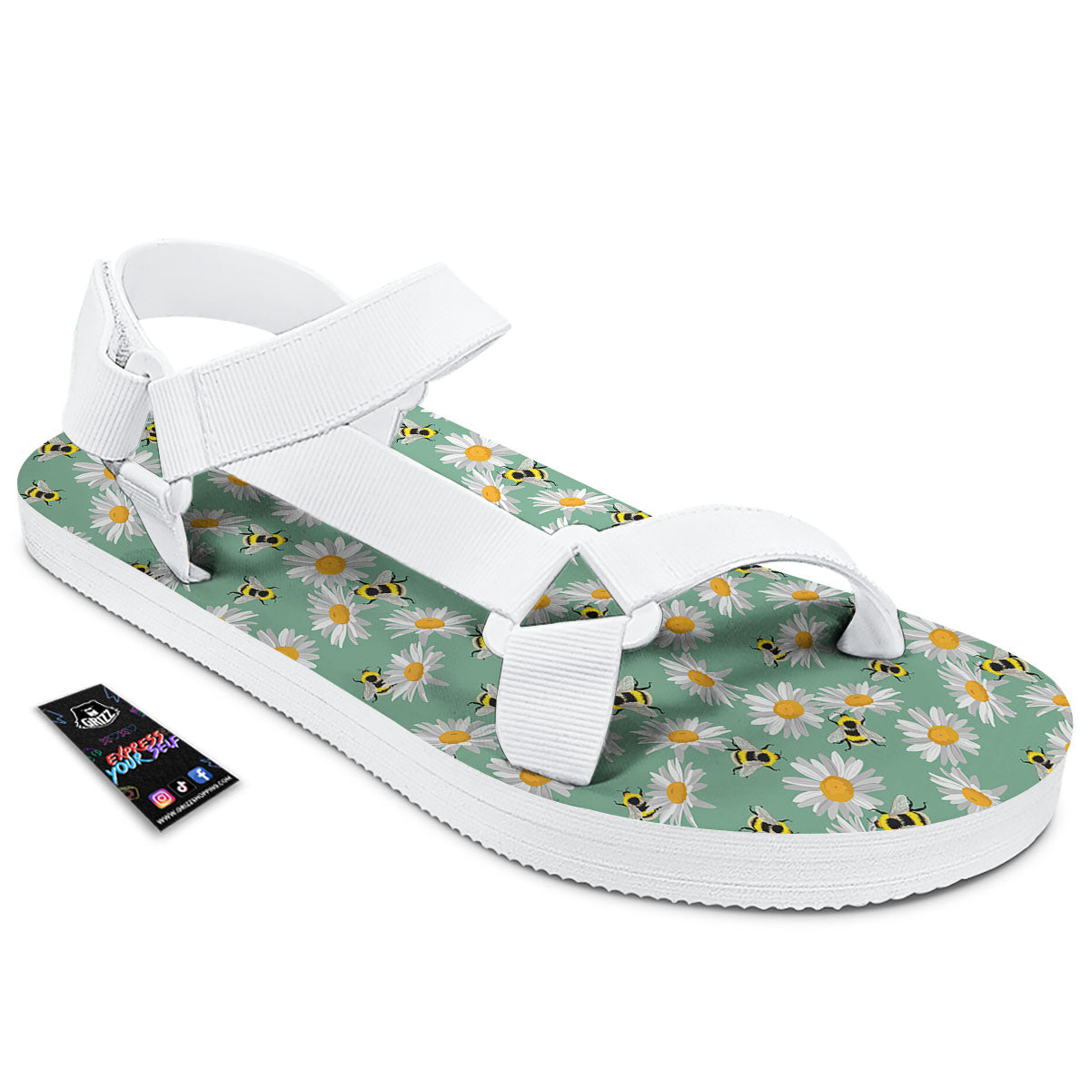 Bee Flower Print Pattern White Open Toe Sandals-grizzshop