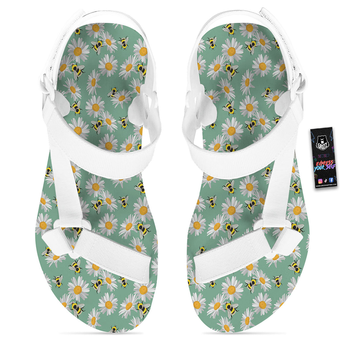 Bee Flower Print Pattern White Open Toe Sandals-grizzshop