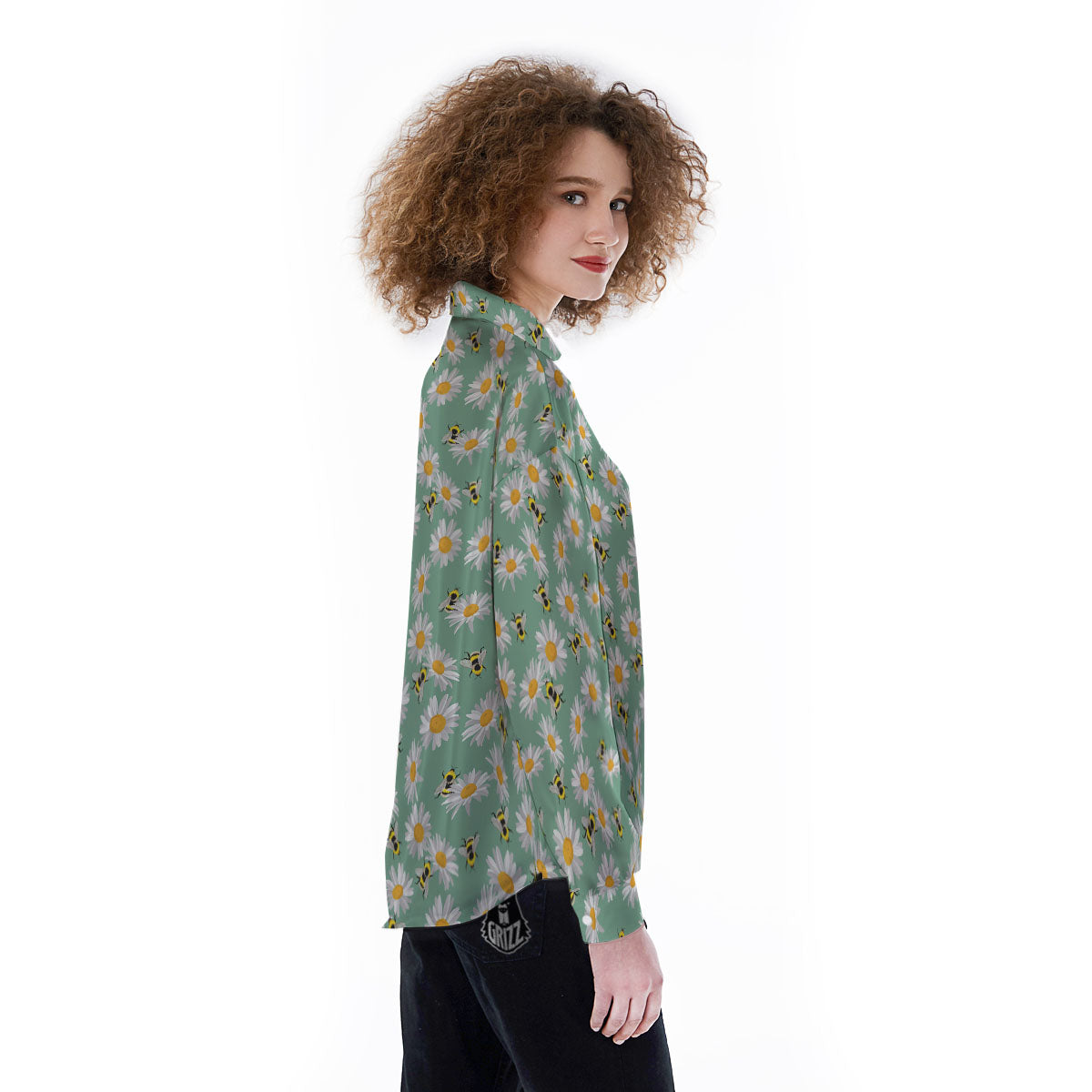 Bee Flower Print Pattern Women's Long Sleeve Shirts-grizzshop
