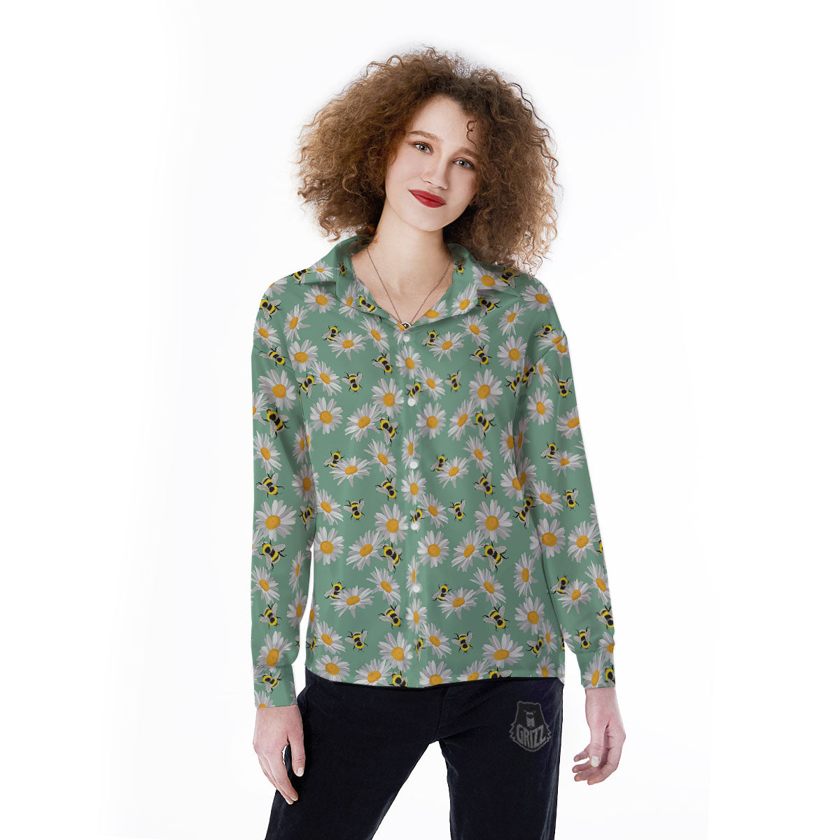 Bee Flower Print Pattern Women's Long Sleeve Shirts-grizzshop