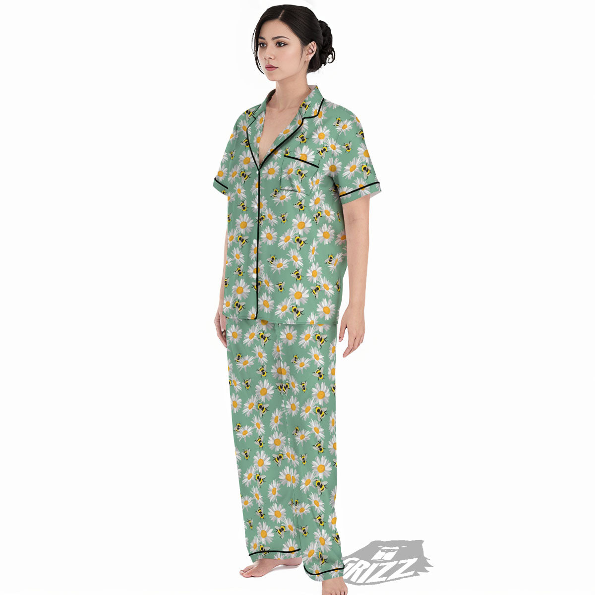 Bee Flower Print Pattern Women's Pajamas Set-grizzshop