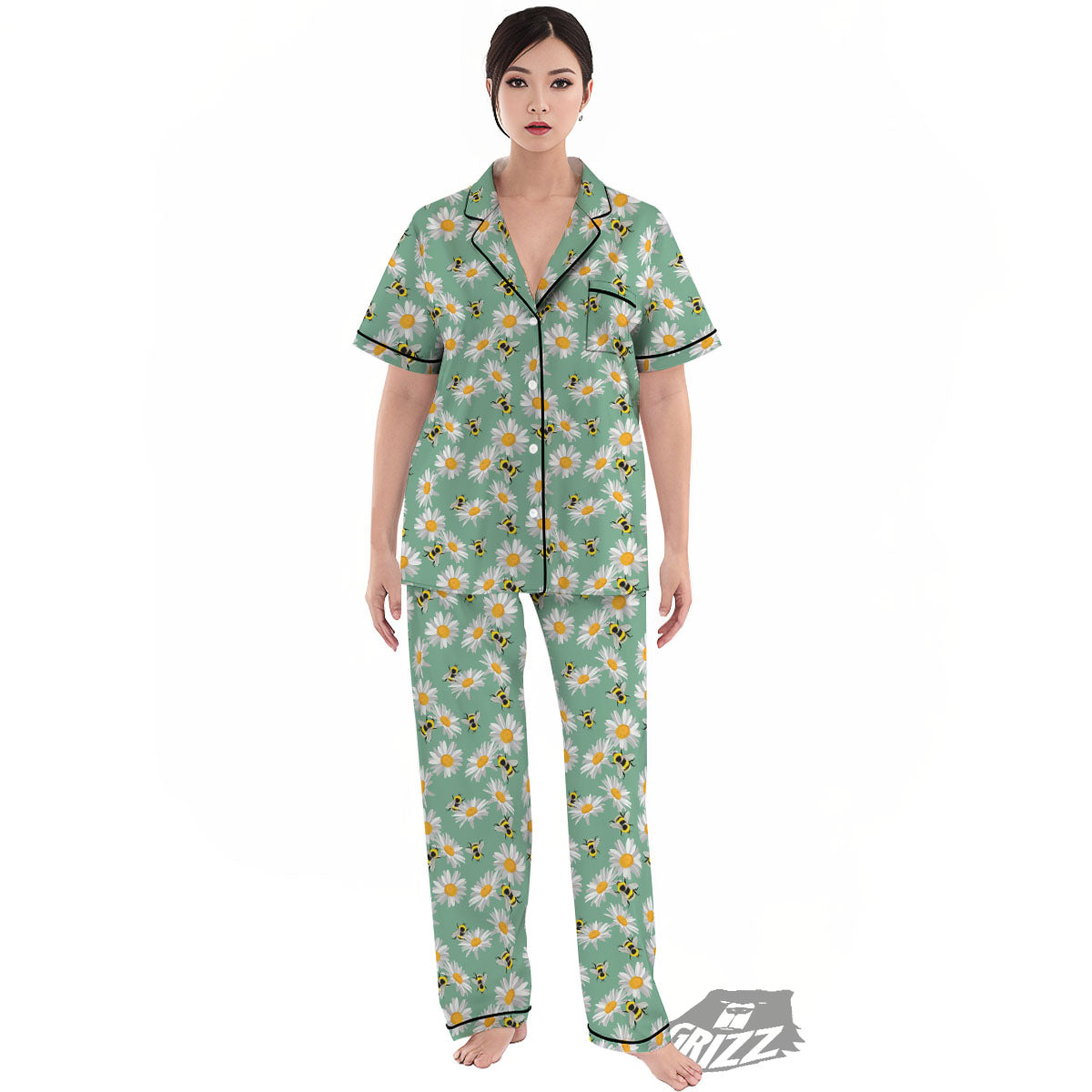Bee Flower Print Pattern Women's Pajamas Set-grizzshop