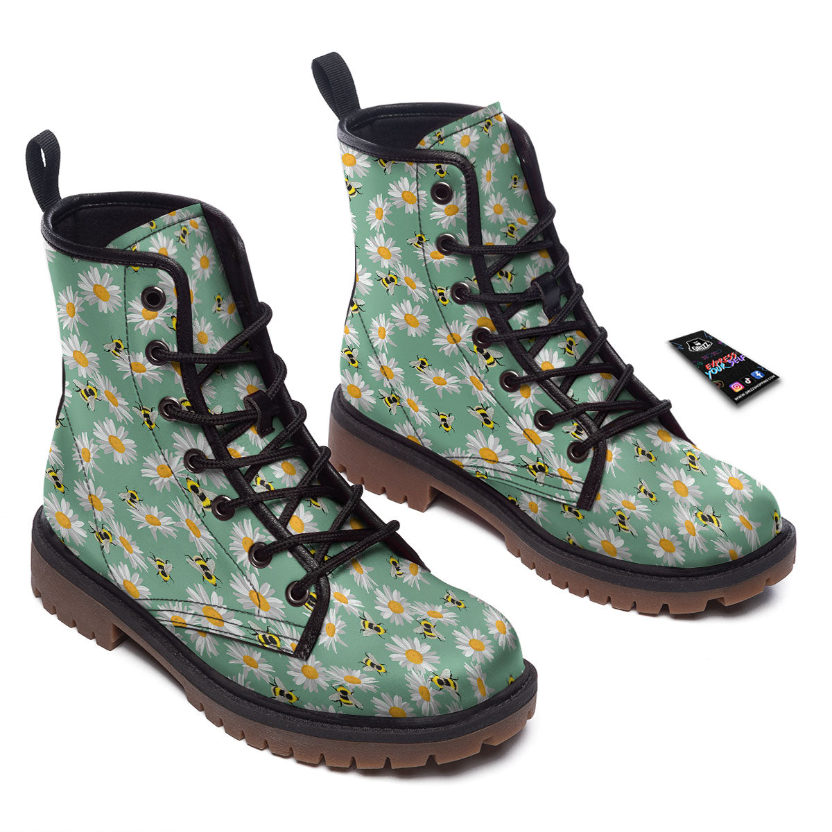 Bee Flower Print Pattern Work Boots-grizzshop