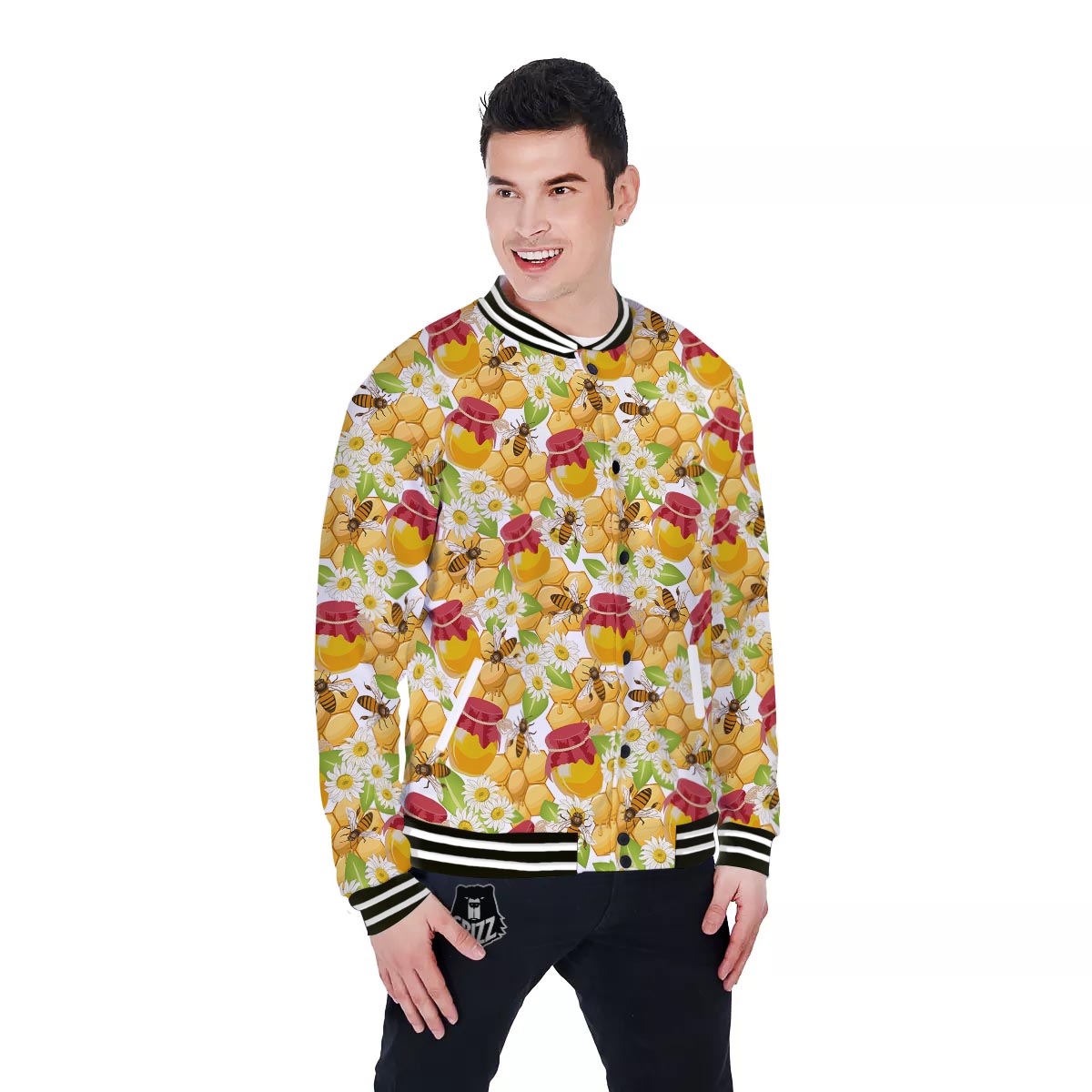 Bee Hive Sweet Honey Print Pattern Baseball Jacket-grizzshop