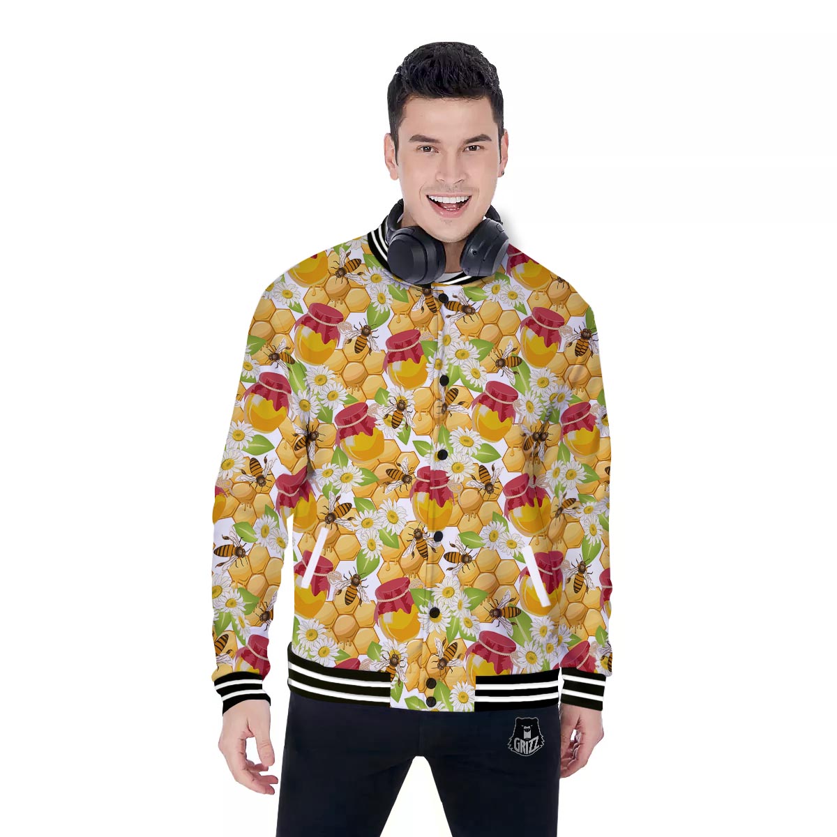 Bee Hive Sweet Honey Print Pattern Baseball Jacket-grizzshop