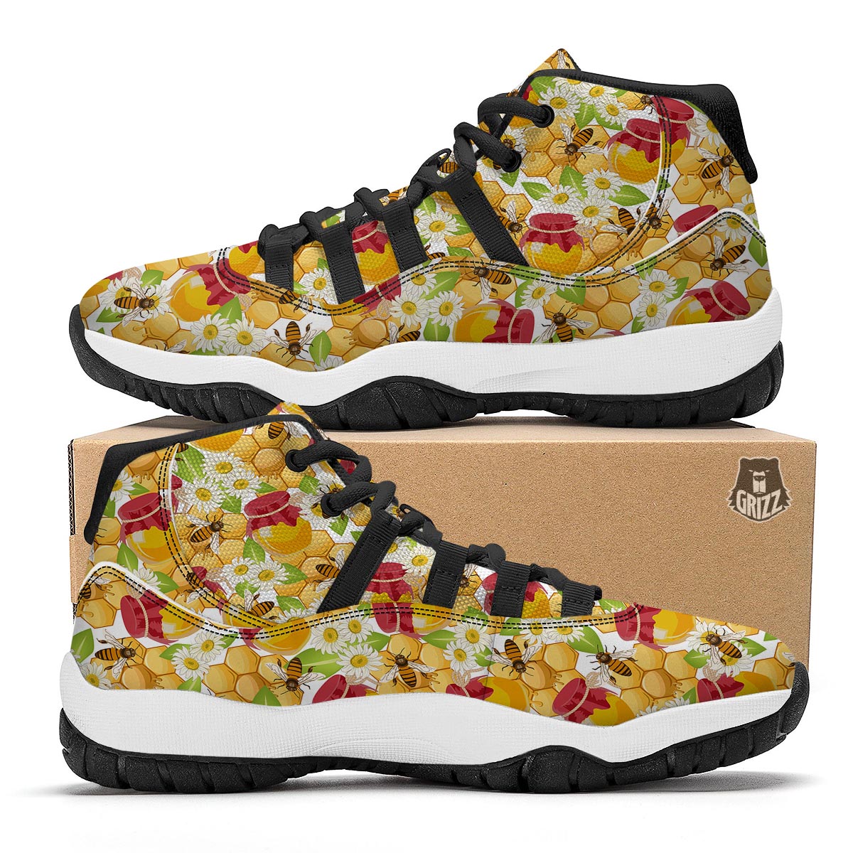 Bee Hive Sweet Honey Print Pattern Black Bball Shoes-grizzshop