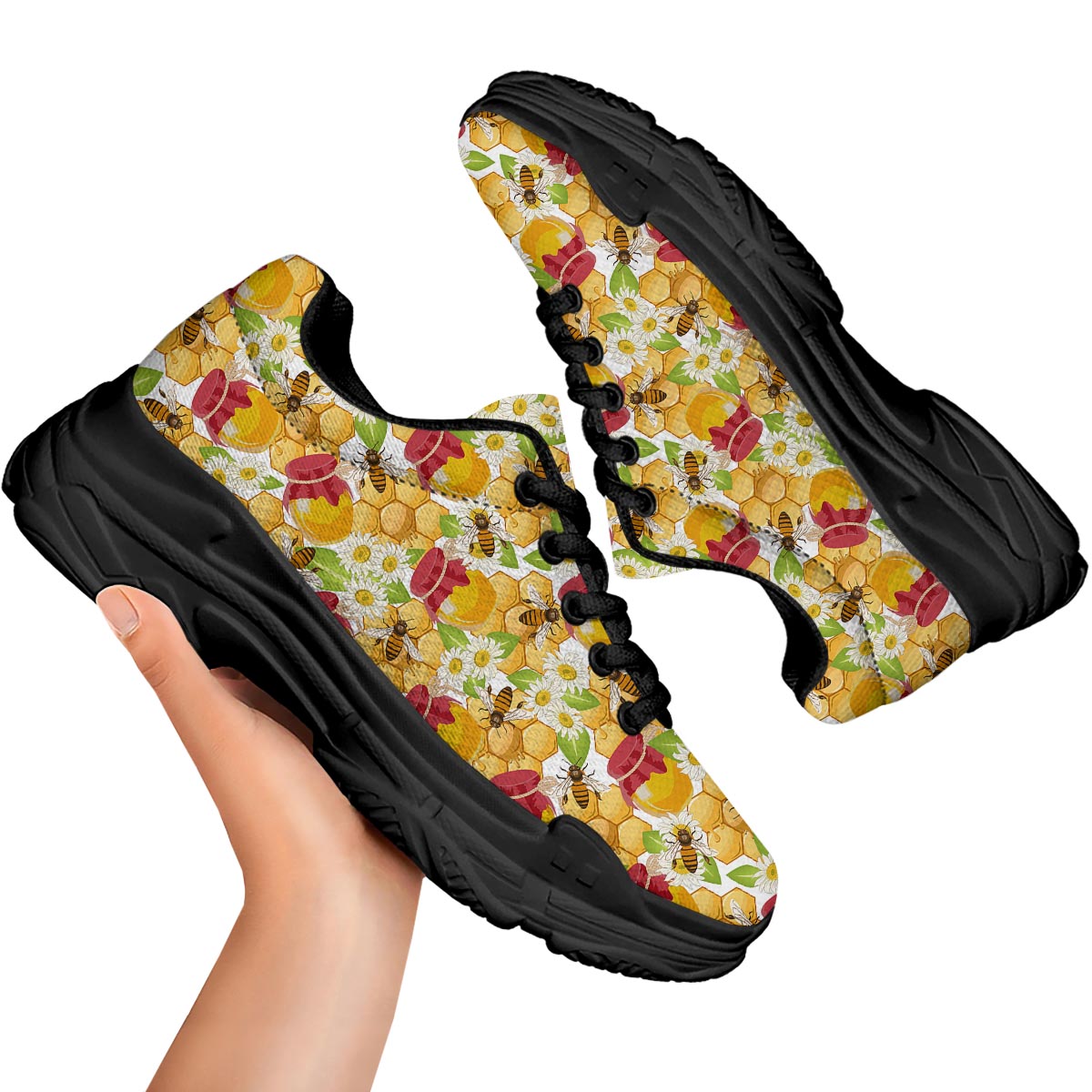 Bee Hive Sweet Honey Print Pattern Black Chunky Shoes-grizzshop