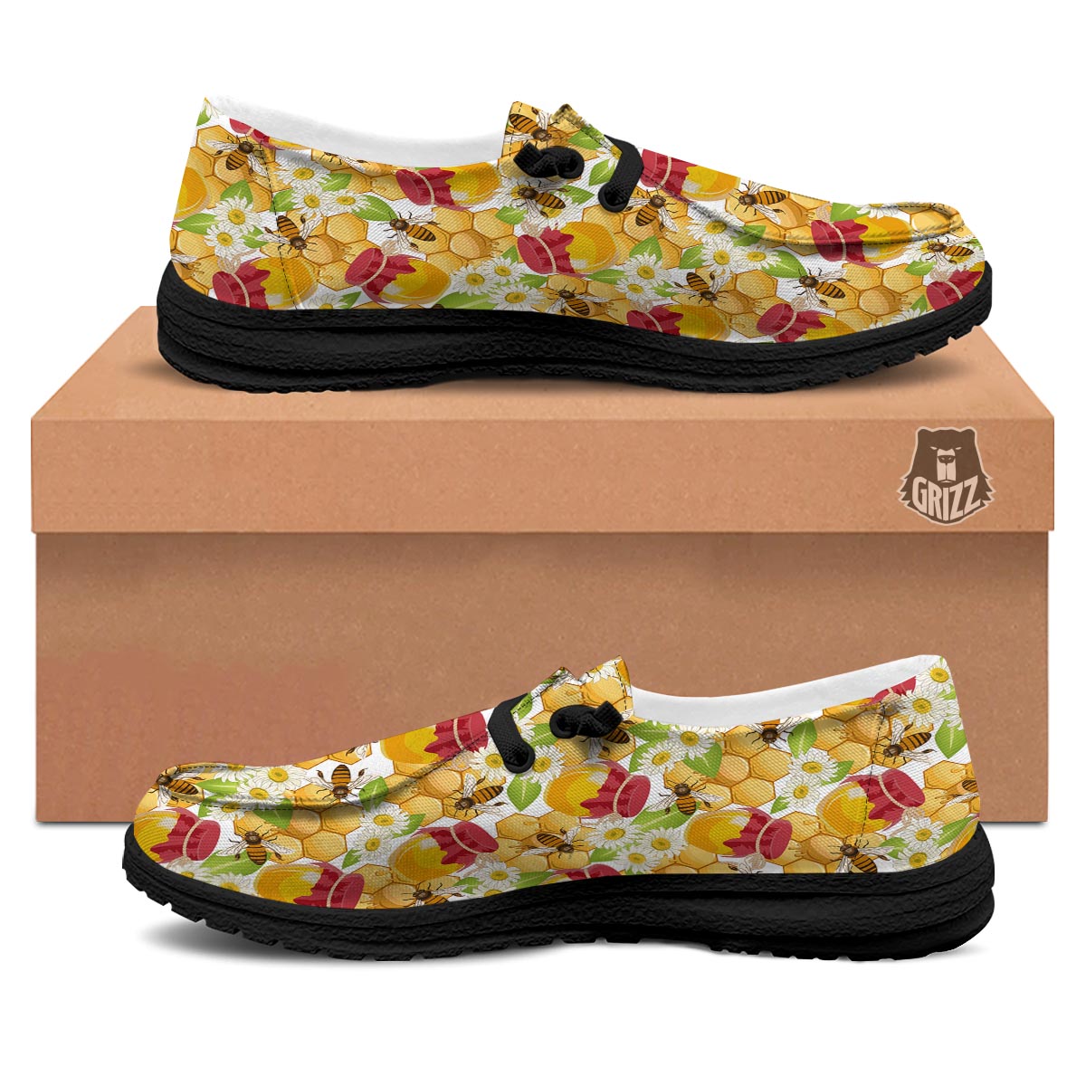 Bee Hive Sweet Honey Print Pattern Black Loafers-grizzshop