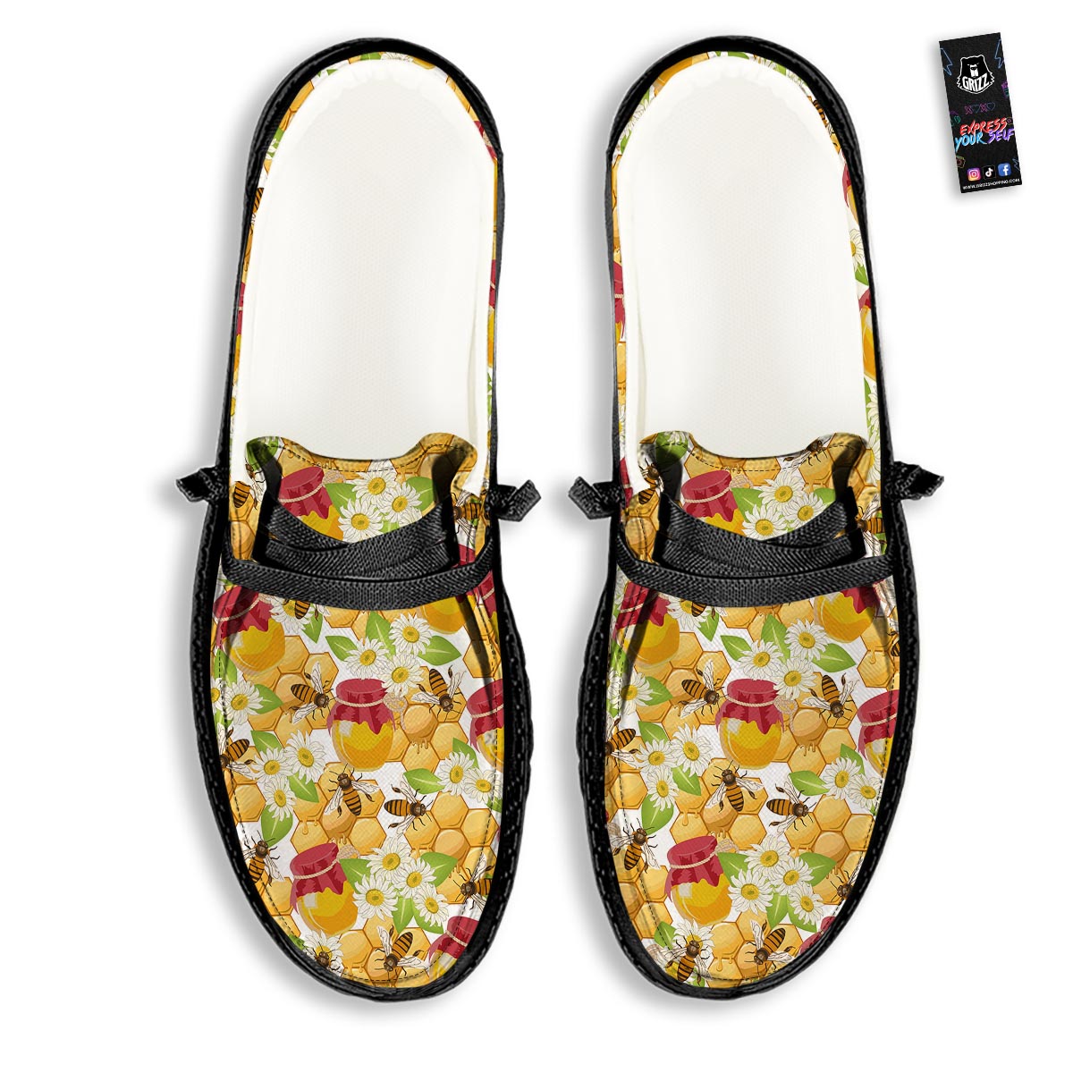 Bee Hive Sweet Honey Print Pattern Black Loafers-grizzshop
