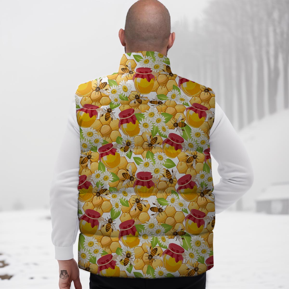 Bee Hive Sweet Honey Print Pattern Down Vest