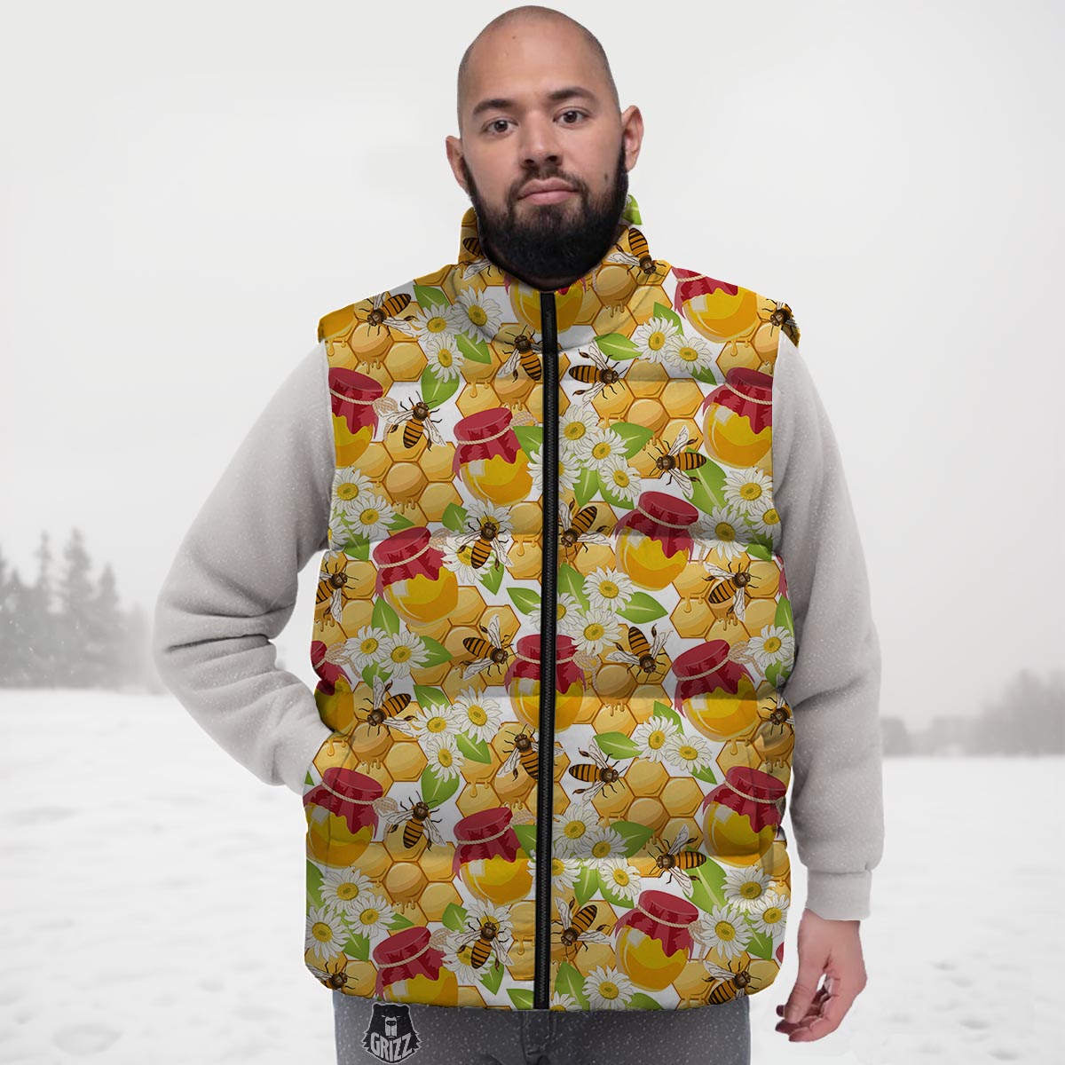 Bee Hive Sweet Honey Print Pattern Down Vest