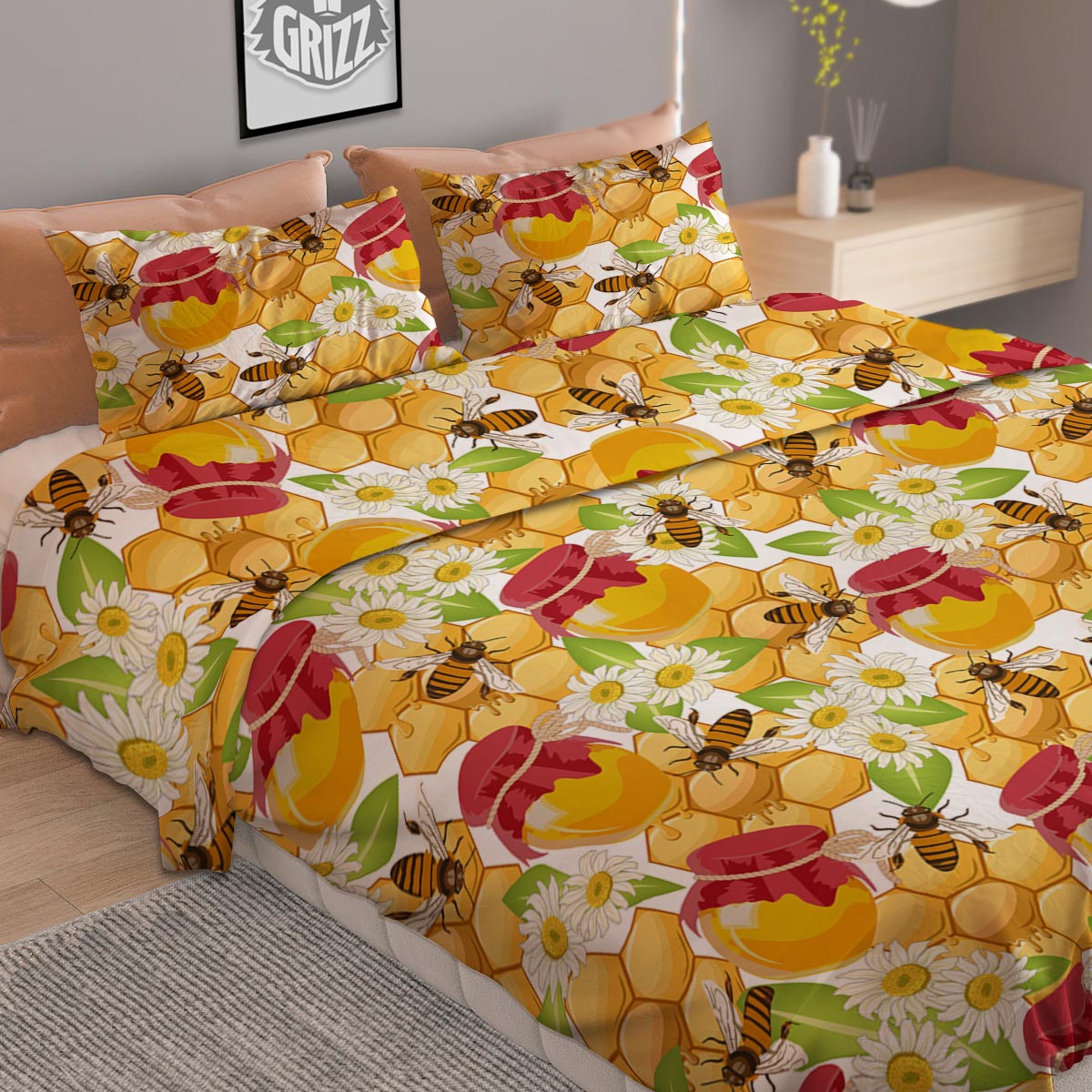 Bee Hive Sweet Honey Print Pattern Duvet Cover Bedding Set