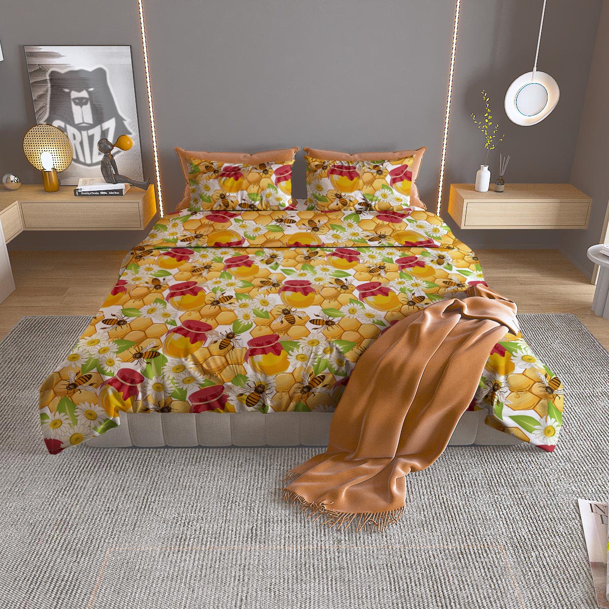 Bee Hive Sweet Honey Print Pattern Duvet Cover Bedding Set