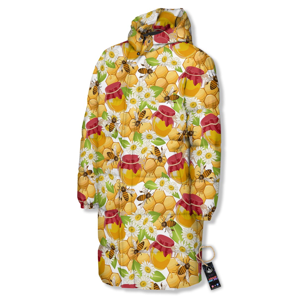 Bee Hive Sweet Honey Print Pattern Long Down Jacket-grizzshop