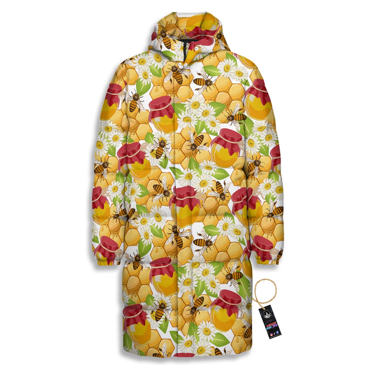 Bee Hive Sweet Honey Print Pattern Long Down Jacket-grizzshop