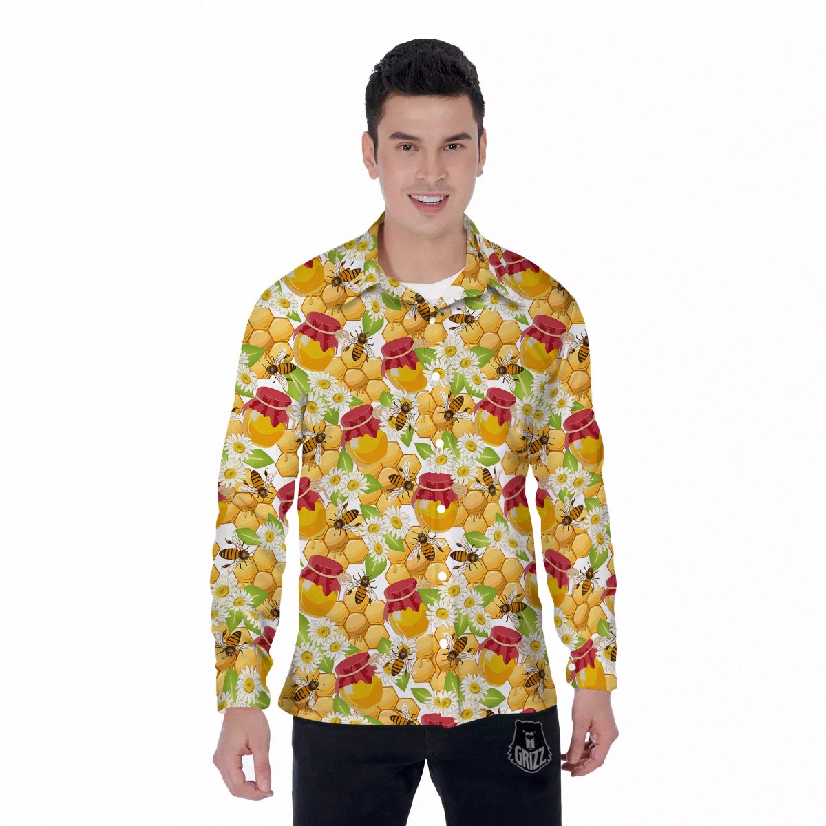 Bee Hive Sweet Honey Print Pattern Men's Long Sleeve Shirts-grizzshop