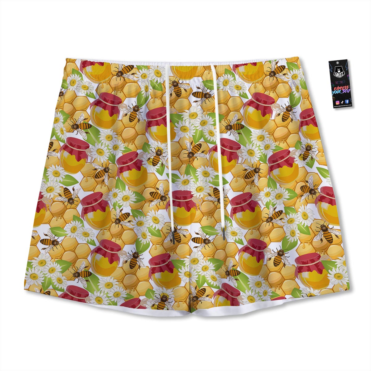 Bee Hive Sweet Honey Print Pattern Mesh Shorts