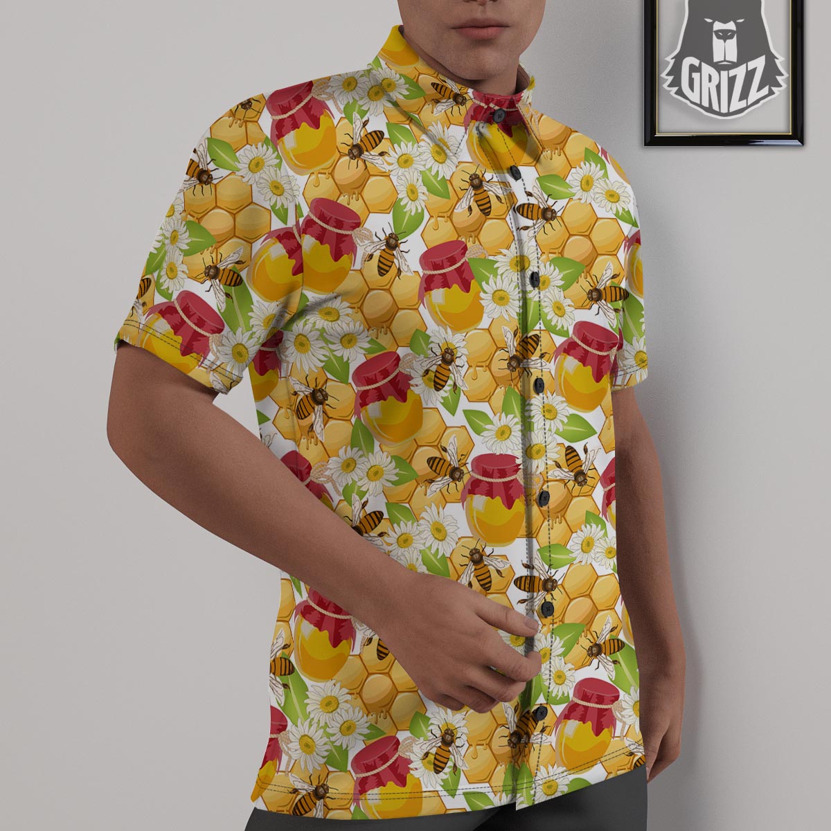 Bee Hive Sweet Honey Print Pattern Untucked Shirts-grizzshop