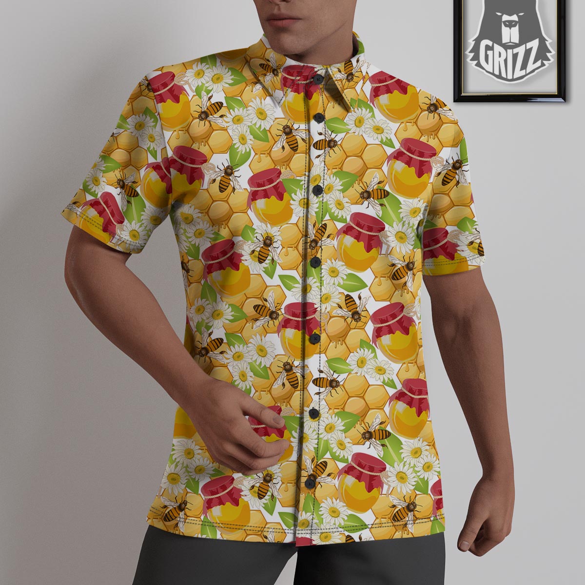 Bee Hive Sweet Honey Print Pattern Untucked Shirts-grizzshop
