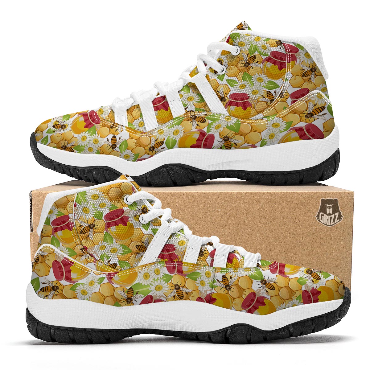 Bee Hive Sweet Honey Print Pattern White Bball Shoes-grizzshop