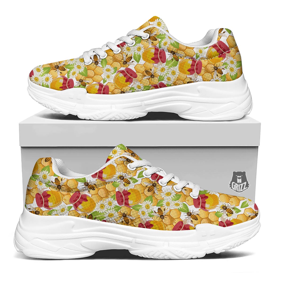 Bee Hive Sweet Honey Print Pattern White Chunky Shoes-grizzshop