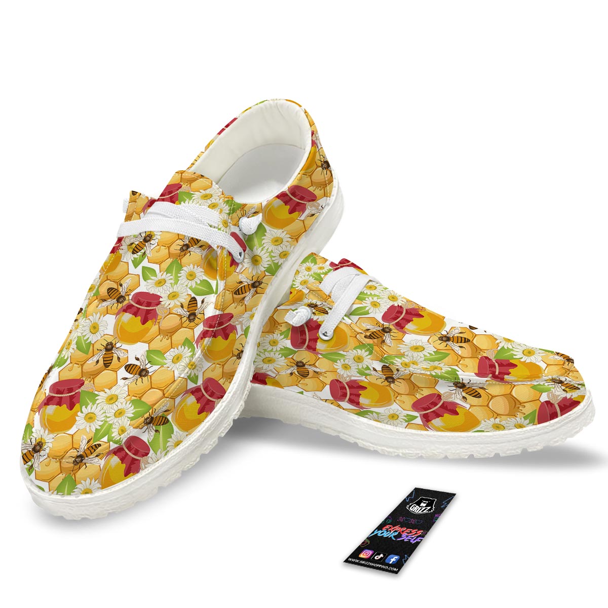 Bee Hive Sweet Honey Print Pattern White Loafers-grizzshop