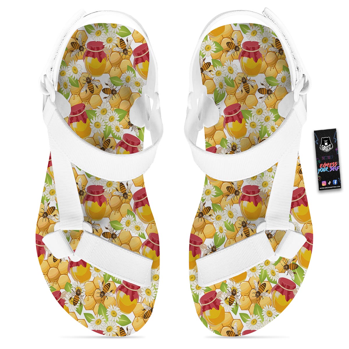 Bee Hive Sweet Honey Print Pattern White Open Toe Sandals-grizzshop