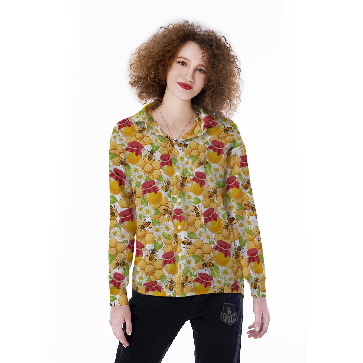 Bee Hive Sweet Honey Print Pattern Women's Long Sleeve Shirts-grizzshop