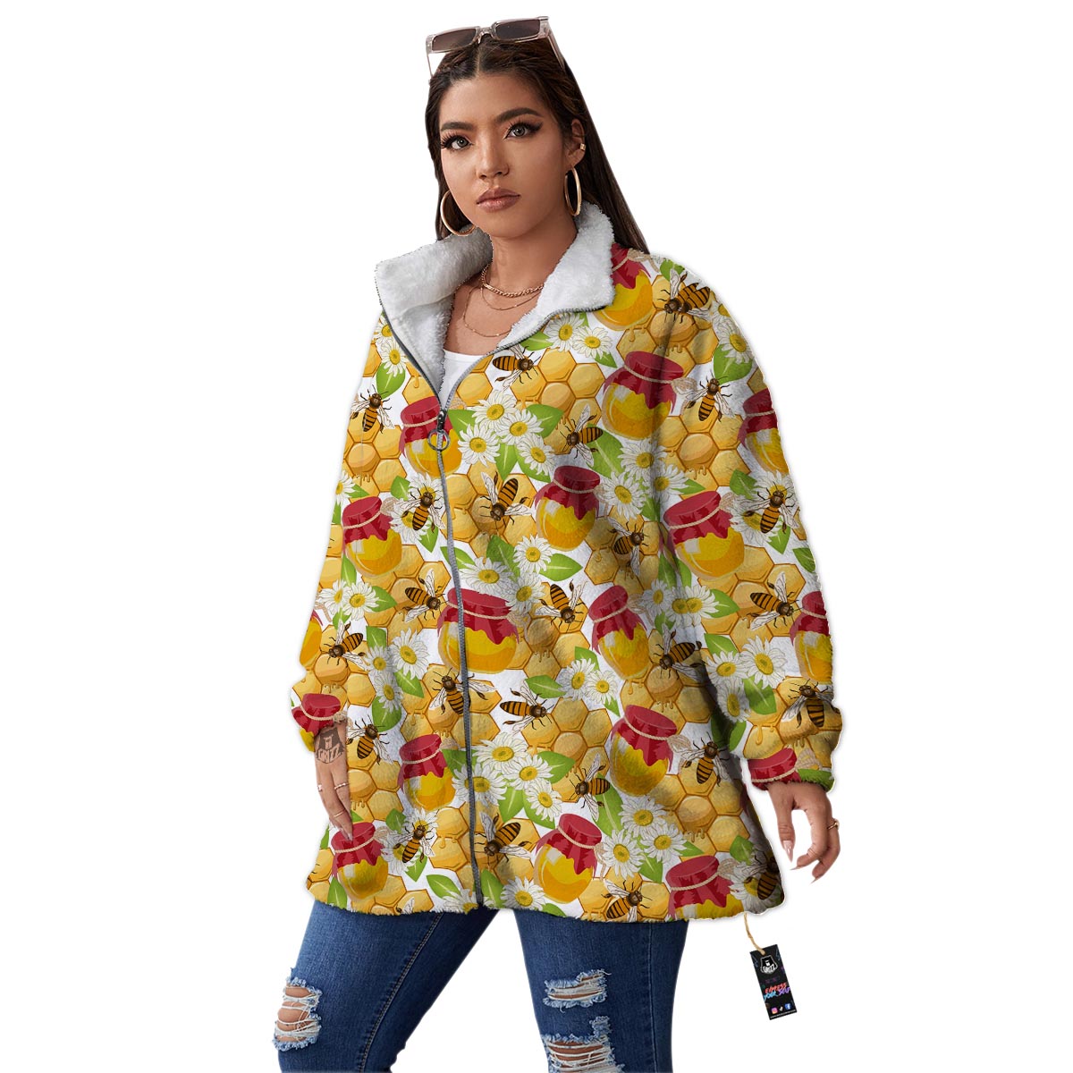 Bee Hive Sweet Honey Print Pattern Women's Sherpa Jacket-grizzshop