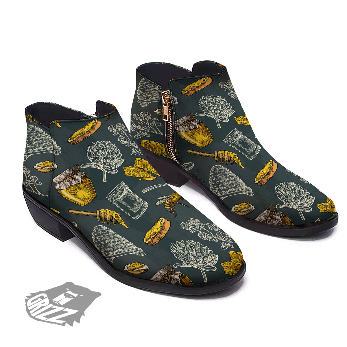 Bee Honey Vintage Print Pattern Ankle Boots-grizzshop